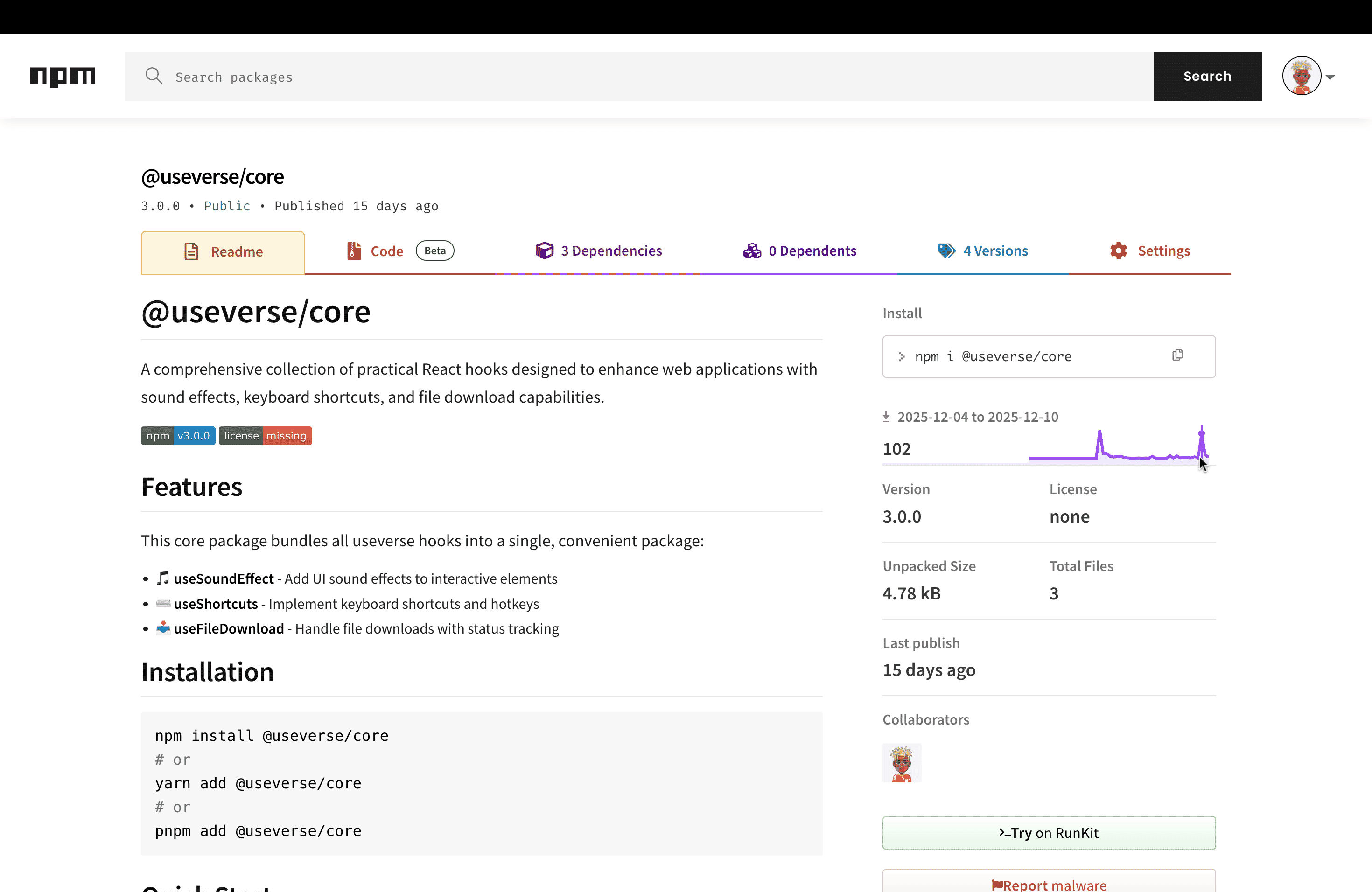 An image of the @useverse (NPM Package) project.